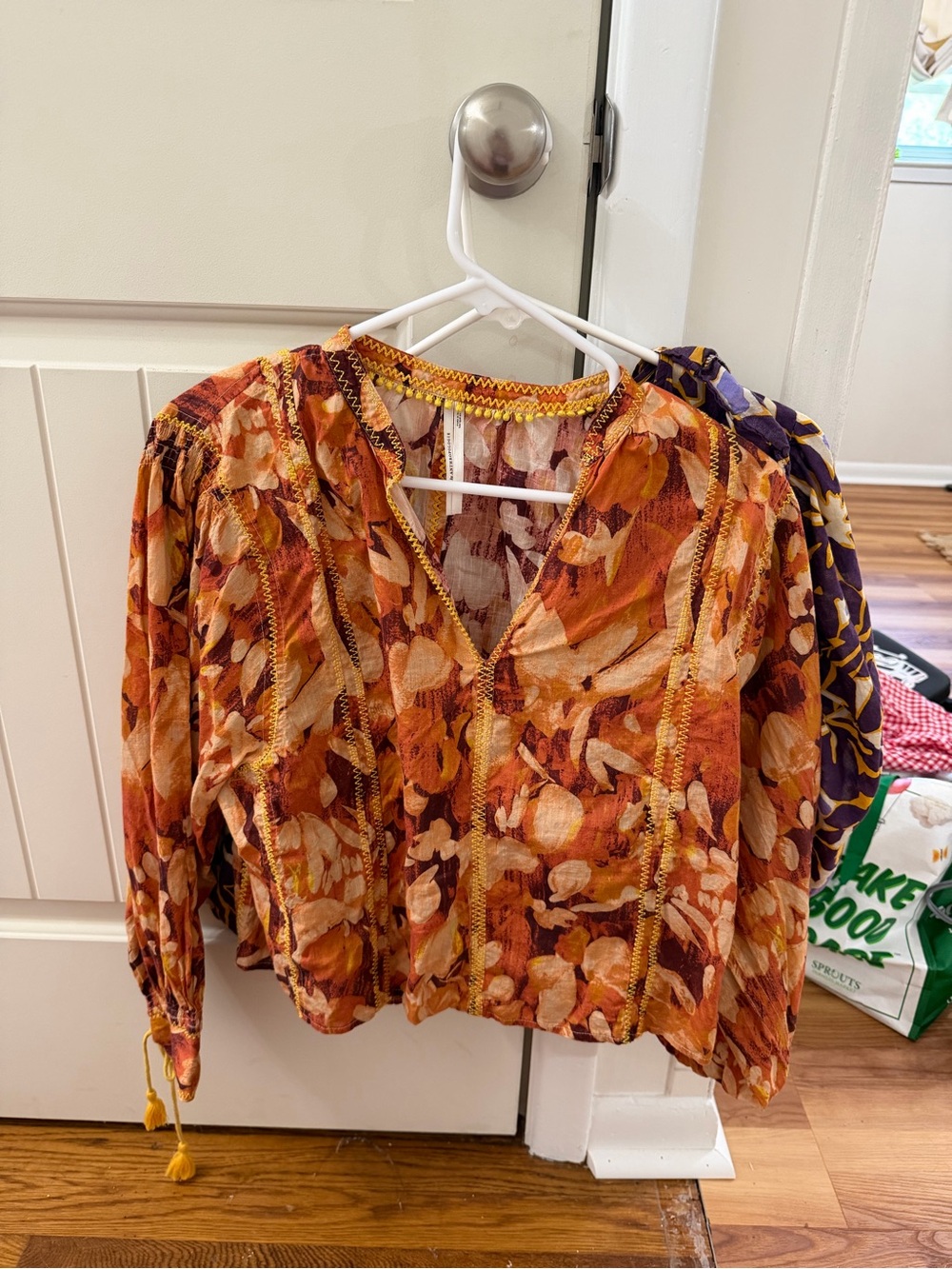 Anthropologie Orange Floral Peasant Blouse with Tassel Ties